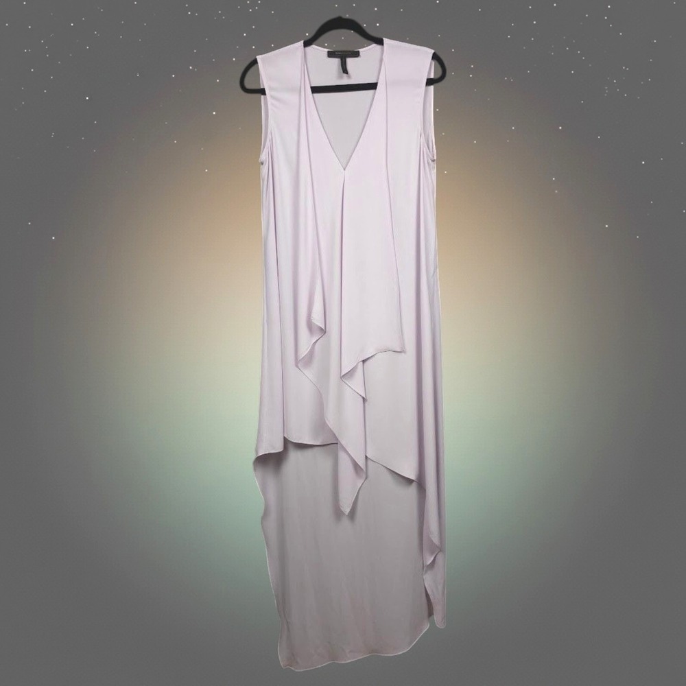 BCBGMAXAZRIA Lavender Sheer High Low Draped V-Neck Sleeveless Flowy Top Small